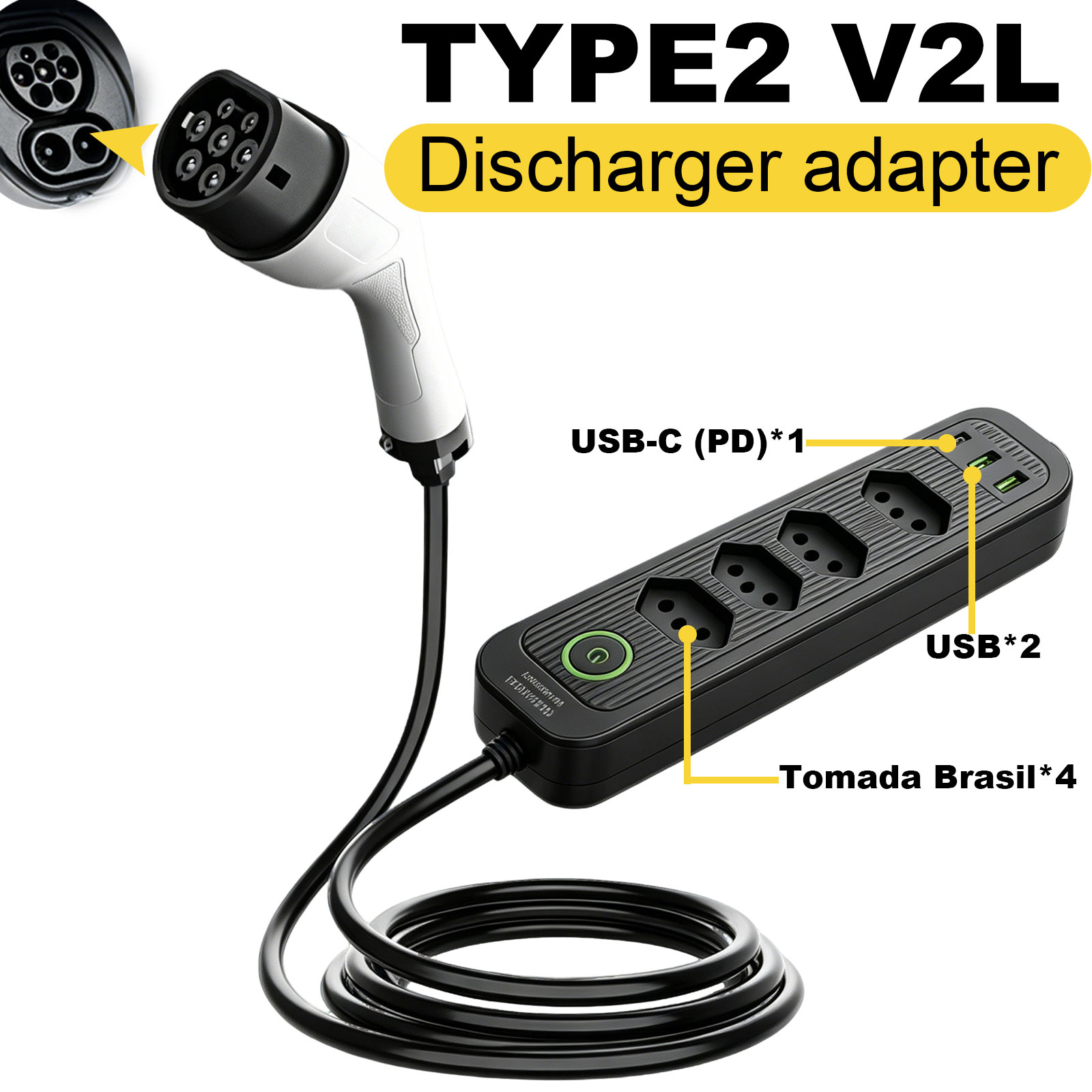 Outdoor Power Outlet Extension - Type2 V2L-ontladingsadapter 16A Braziliaanse stekker EV