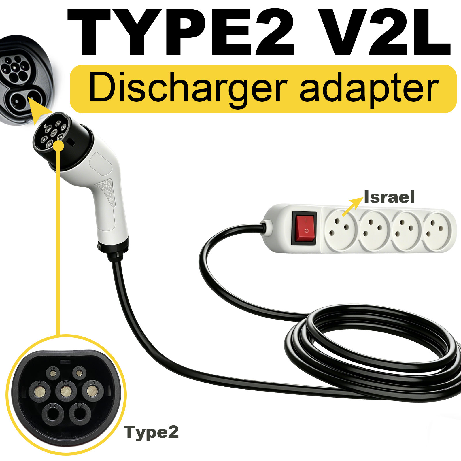 Outdoor Power Outlet Extension - Type2 V2L-ontladingsadapter Israëlische stekker EV naar